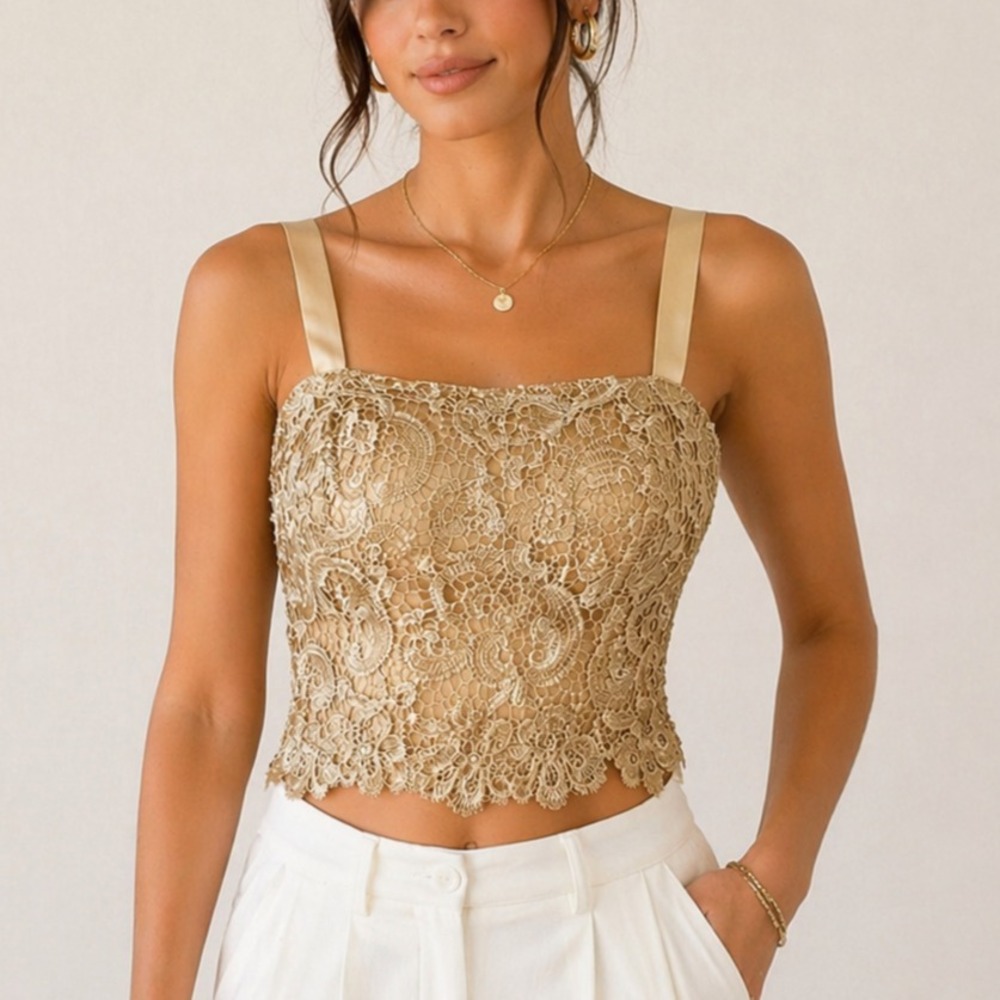 NWT Lan Ting Lace Formal Crop Top Womens Sz L/XL 20W Gold Scalloped Bridal Party